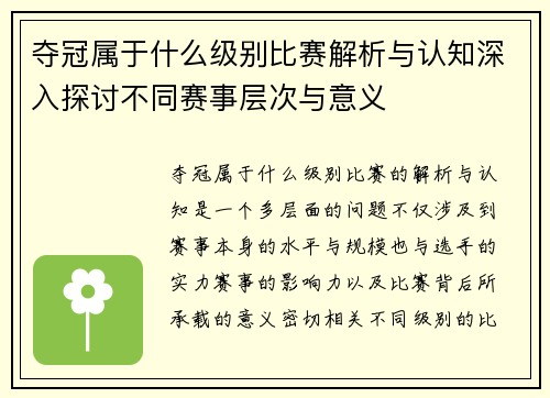 夺冠属于什么级别比赛解析与认知深入探讨不同赛事层次与意义